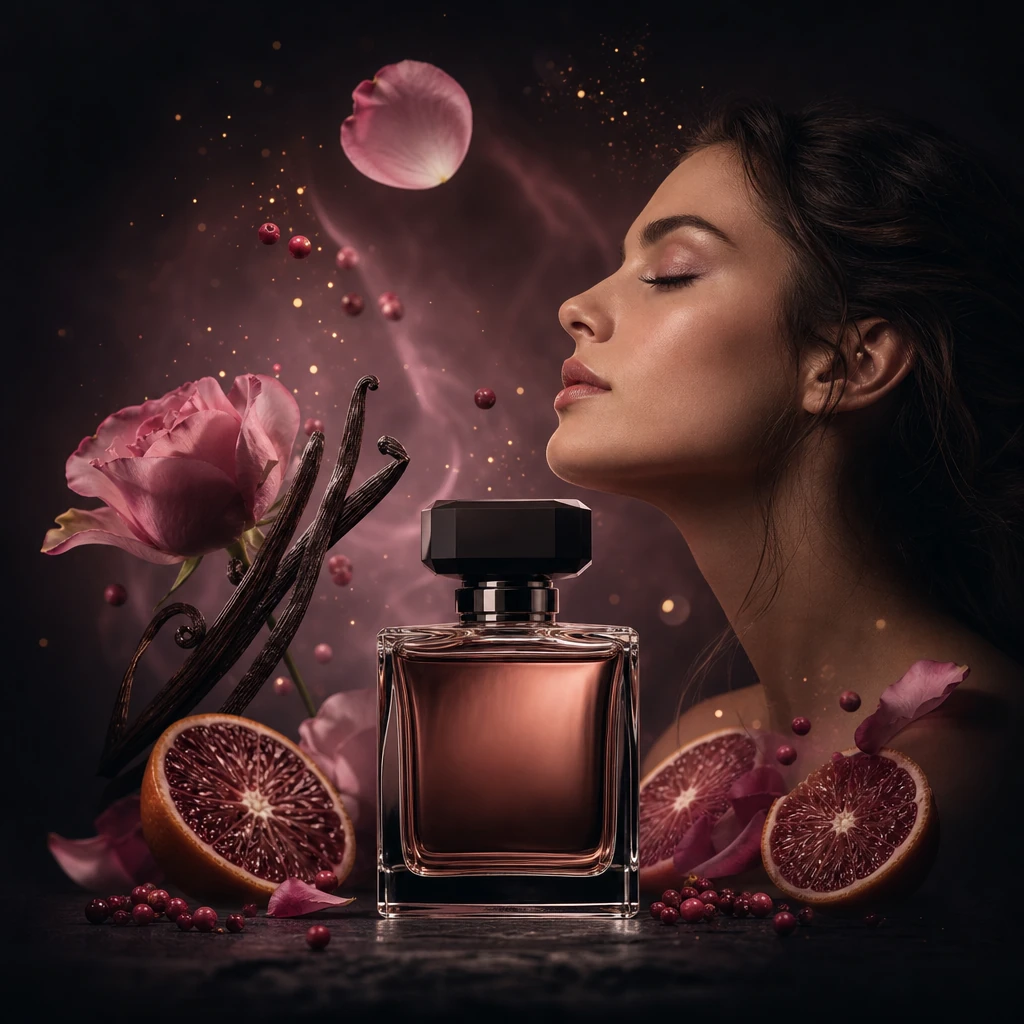 Perfumeza — luxe parfumdecants met rozenblaadjes, citrus en vanille in zonsonderganglicht