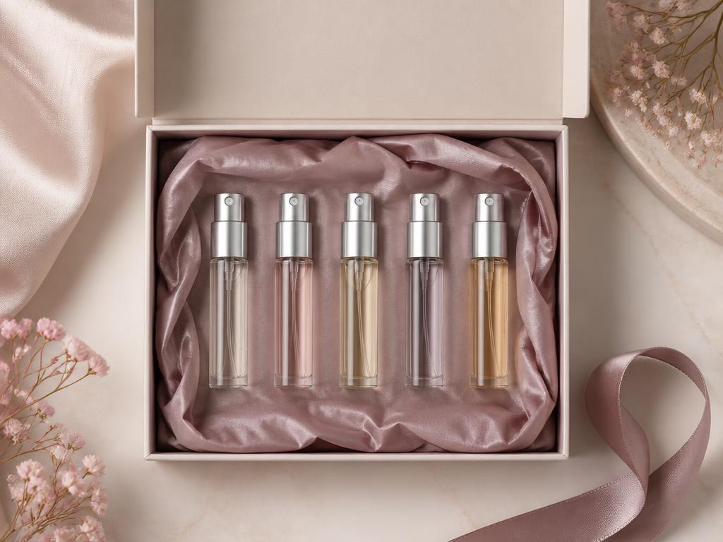 Vijf 3ml sample decants gepresenteerd in een open geschenkdoos bekleed met roze zijdepapier