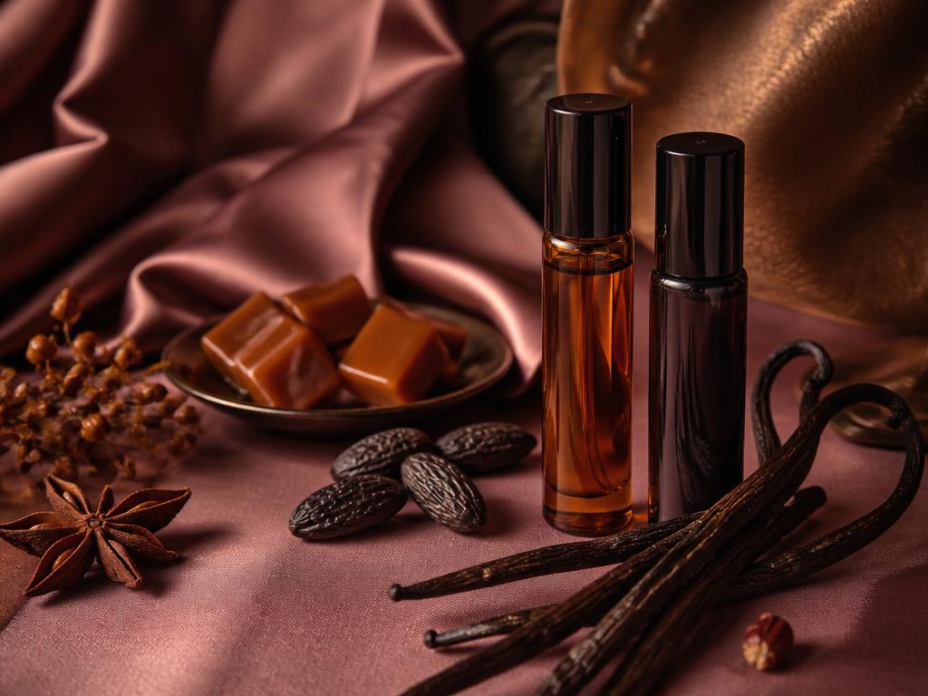 Amber decantflesjes naast vanillepeulen, tonkabonen en karamel op mauve zijde